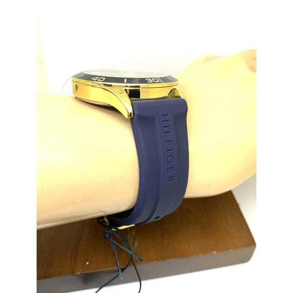 Tommy Hilfiger Men's Watch 1791868 Quartz Gold Blue Dial Rubber Strap 44mm